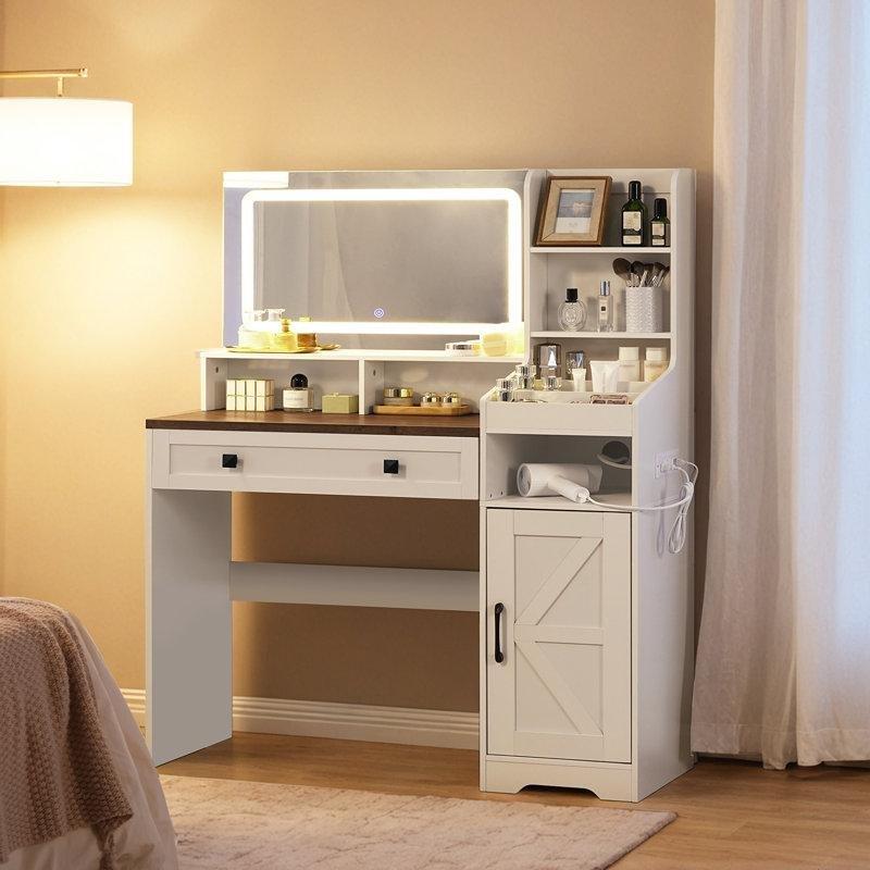 Beyaz Ceviz Endüstriyel Ahşap LED Işıklı ve Şarj İstasyonlu Dolaplı Makyaj Masası - 106 cm - 121507