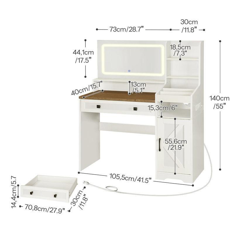 Beyaz Ceviz Endüstriyel Ahşap LED Işıklı ve Şarj İstasyonlu Dolaplı Makyaj Masası - 106 cm - 121507