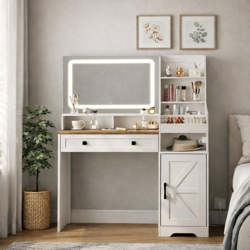 Beyaz Ceviz Endüstriyel Ahşap LED Işıklı ve Şarj İstasyonlu Dolaplı Makyaj Masası - 106 cm - 121507