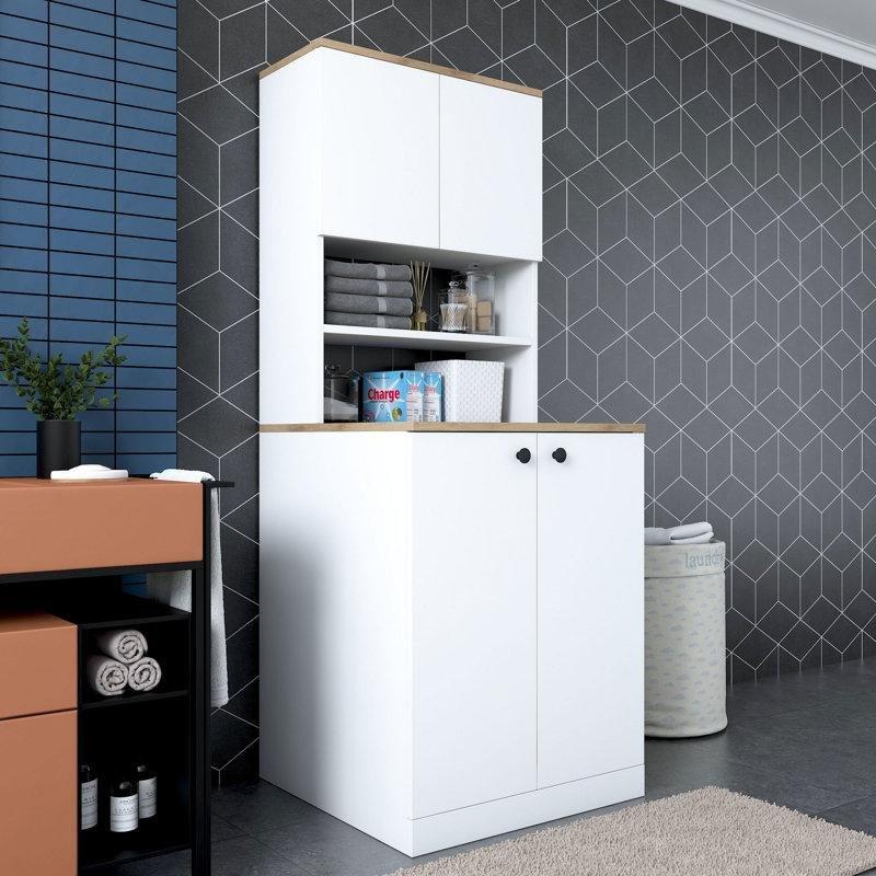 Beyaz Ceviz Melamin Kaplamalı Raflı Çamaşır Makinesi Dolabı-70x184x73 cm - 117864