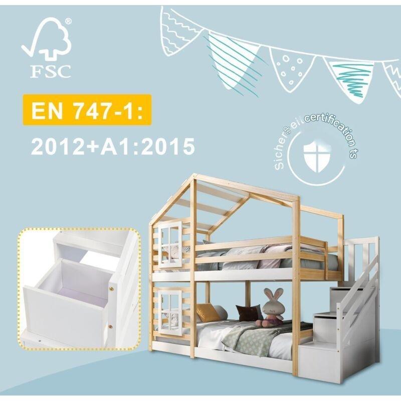 Beyaz Detaylı Masif Çam Ev Tasarımlı Merdivenli ve Çekmeceli Ranza - 90x200 cm - 124862