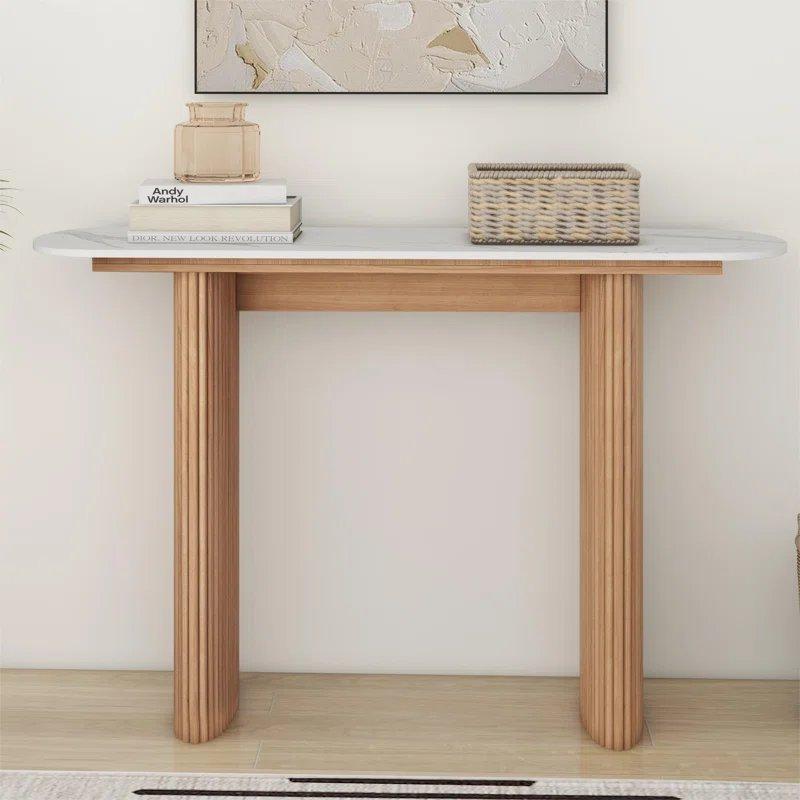 Beyaz Doğal Ahşap Ayaklı Yivli Detaylı Oval Mermer Dresuar - 120x39x79 cm - 132088