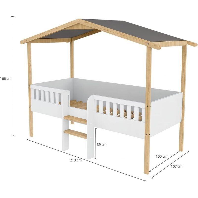 Beyaz Doğal Ahşap Çatılı Korumalı Montessori Ranza - 90x190 cm - 125068