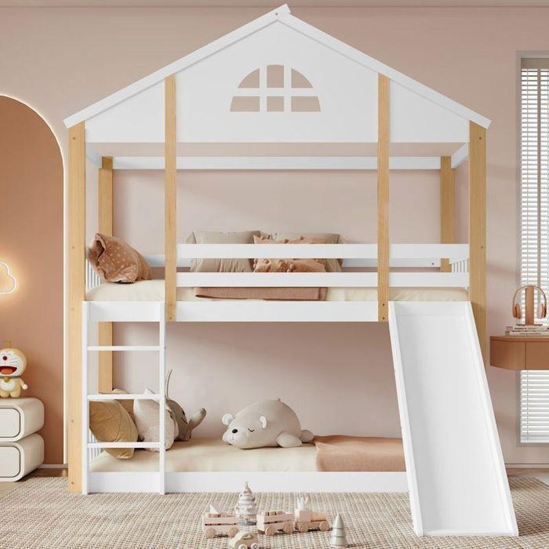 Beyaz Doğal Ahşap Masif Çam ve MDF Kaydıraklı Ev Tipi Ranza - 90x200 cm - 125521