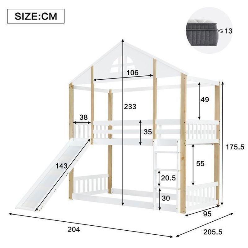 Beyaz Doğal Ahşap Masif Çam ve MDF Kaydıraklı Ev Tipi Ranza - 90x200 cm - 125521