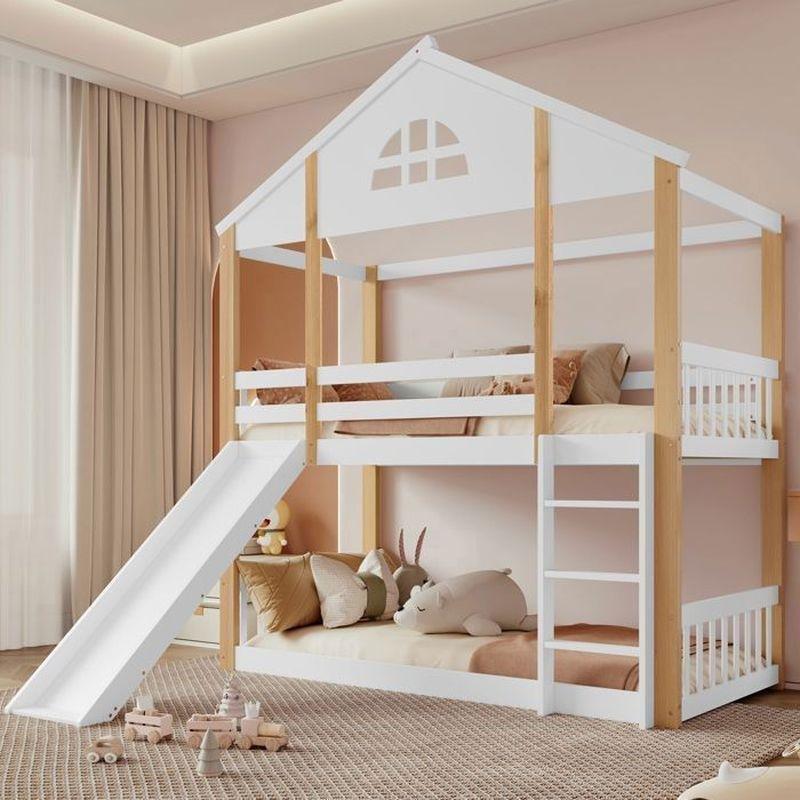 Beyaz Doğal Ahşap Masif Çam ve MDF Kaydıraklı Ev Tipi Ranza - 90x200 cm - 125521