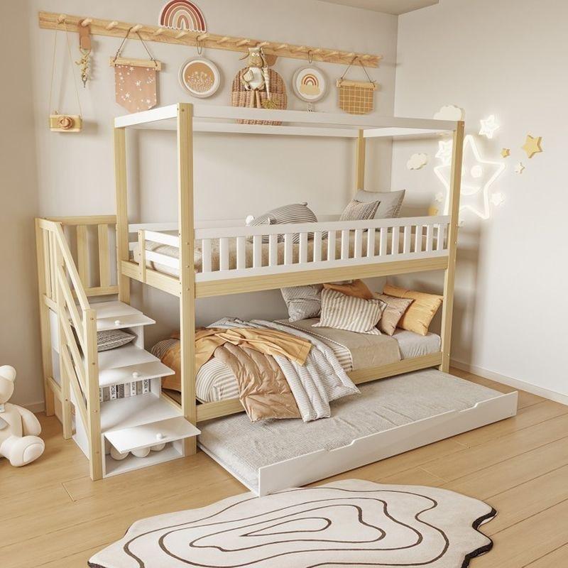Beyaz Doğal Çam Ev Tasarımlı Merdivenli ve Yavru Yataklı Ranza - 90x200 cm - 125533