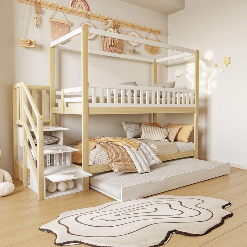 Beyaz Doğal Çam Ev Tasarımlı Merdivenli ve Yavru Yataklı Ranza - 90x200 cm - 125533