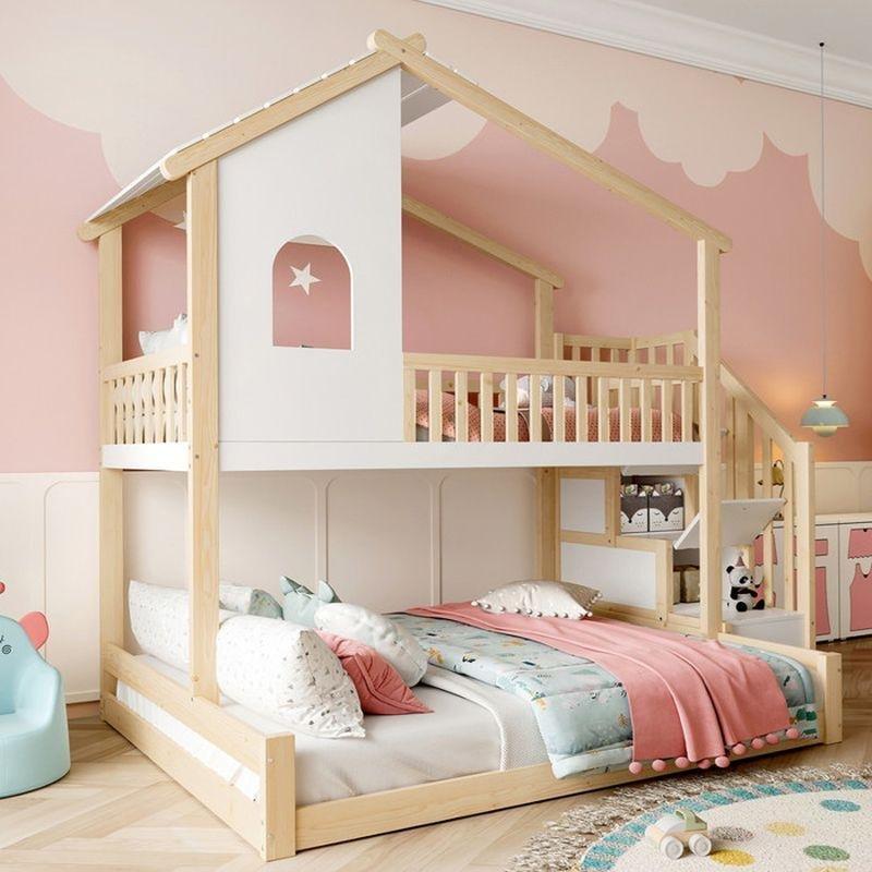 Beyaz Doğal Masif Ahşap Ev Tasarımlı Depolama Merdivenli Ranza - 256x145x209 cm - 125905