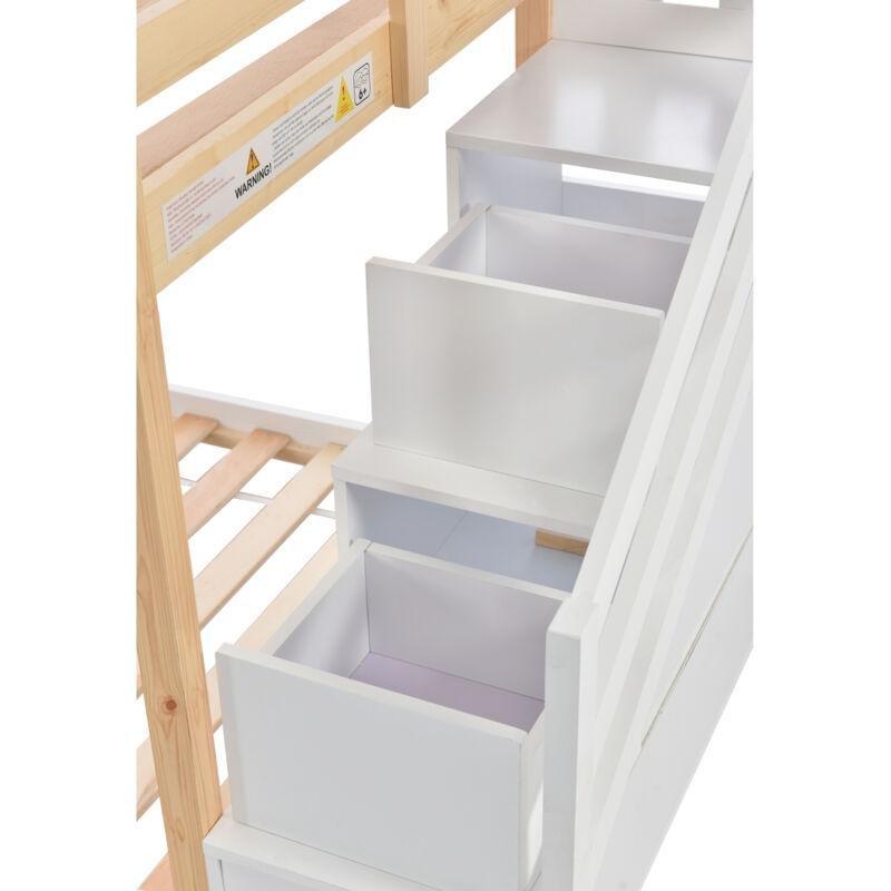 Beyaz Doğal Masif Çam Ev Tasarımlı Merdivenli ve Çekmeceli Ranza - 90x200 cm - 125286