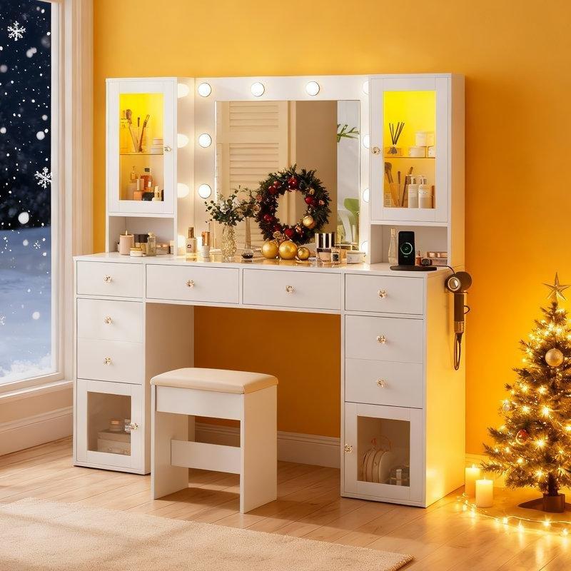 Beyaz Endüstriyel Ahşap 10 Ampullü RGB Ledli Cam Tablalı Priz ve USB Çıkışlı Makyaj Masası - 140x39x138 cm - 121747
