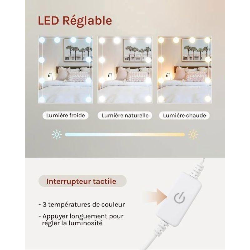 Beyaz Endüstriyel Ahşap 10 LED Işıklı 2 Çekmeceli 4 Raflı Aynalı Makyaj Masası - 90x40x135 cm - 122287