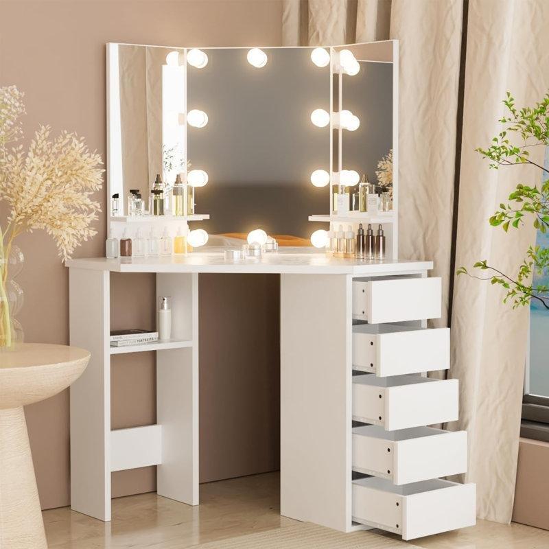 Beyaz Endüstriyel Ahşap 10 LED Işıklı 5 Çekmeceli Köşe Makyaj Masası - 112x51x143 cm - 121390
