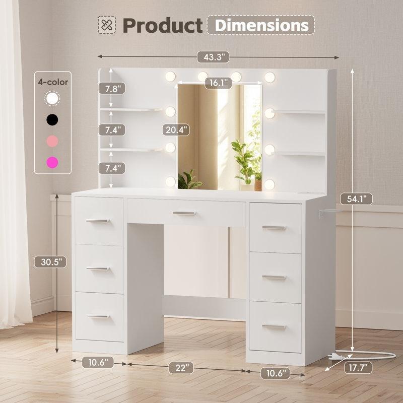 Beyaz Endüstriyel Ahşap 10 LED Işıklı 7 Çekmeceli USB Çıkışlı Makyaj Masası - 110x138 cm - 121918