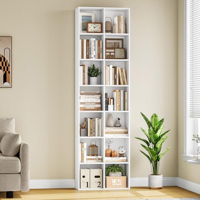 Beyaz Endüstriyel Ahşap 14 Bölmeli Ayarlanabilir Raflı Kitaplık - 180x50x24 cm - 141997