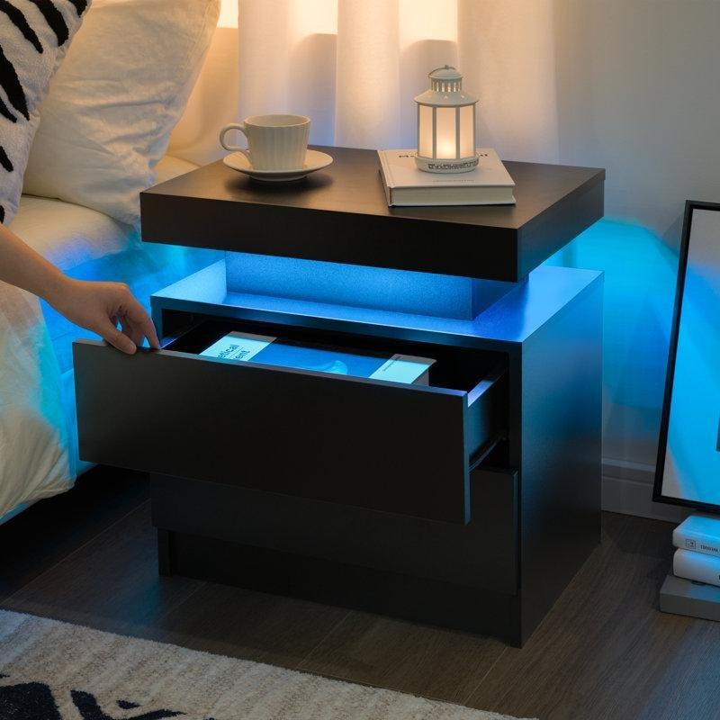 Beyaz Endüstriyel Ahşap 2 Çekmeceli RGB Led Işıklı İkili Komodin Seti - 50x35x53 cm - 127178