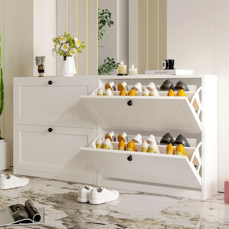 Beyaz Endüstriyel Ahşap 2 Düşer Kapaklı Ayarlanabilir Raflı Ayakkabılık - 80x80x24 cm - 120742
