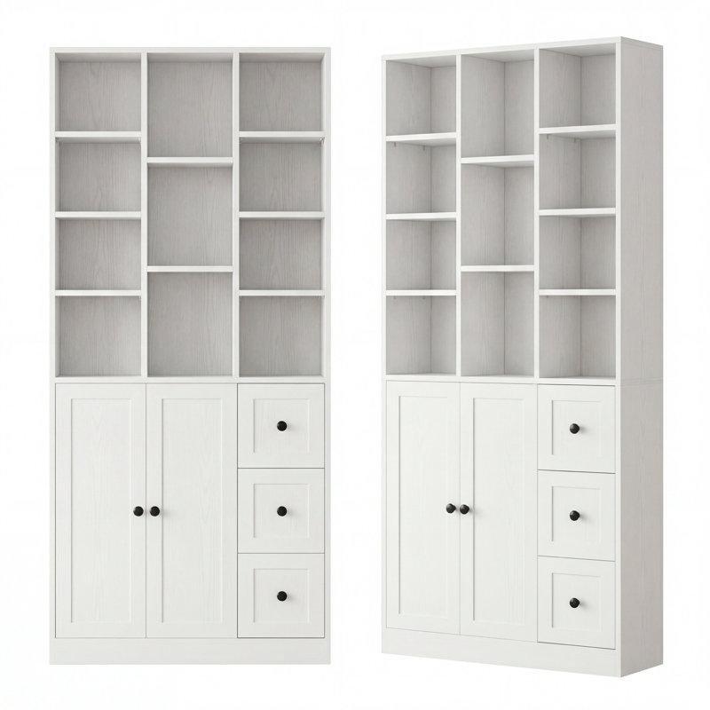 Beyaz Endüstriyel Ahşap 2 Kapaklı 3 Çekmeceli Ayarlanabilir Raflı Kitaplık - 180x80x24 cm - 141664