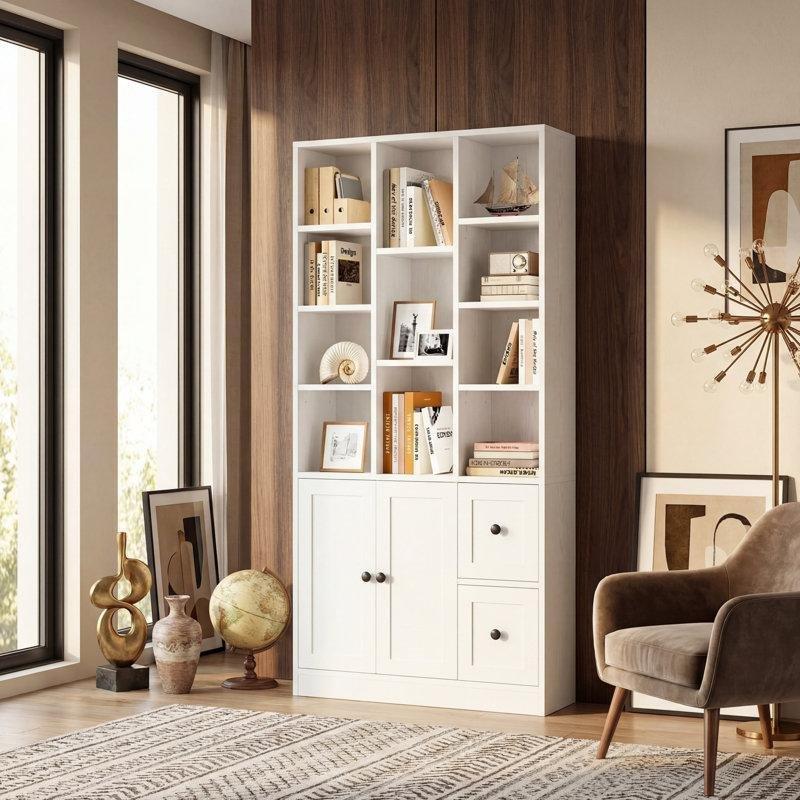 Beyaz Endüstriyel Ahşap 2 Kapaklı 3 Çekmeceli Ayarlanabilir Raflı Kitaplık - 180x80x24 cm - 141664