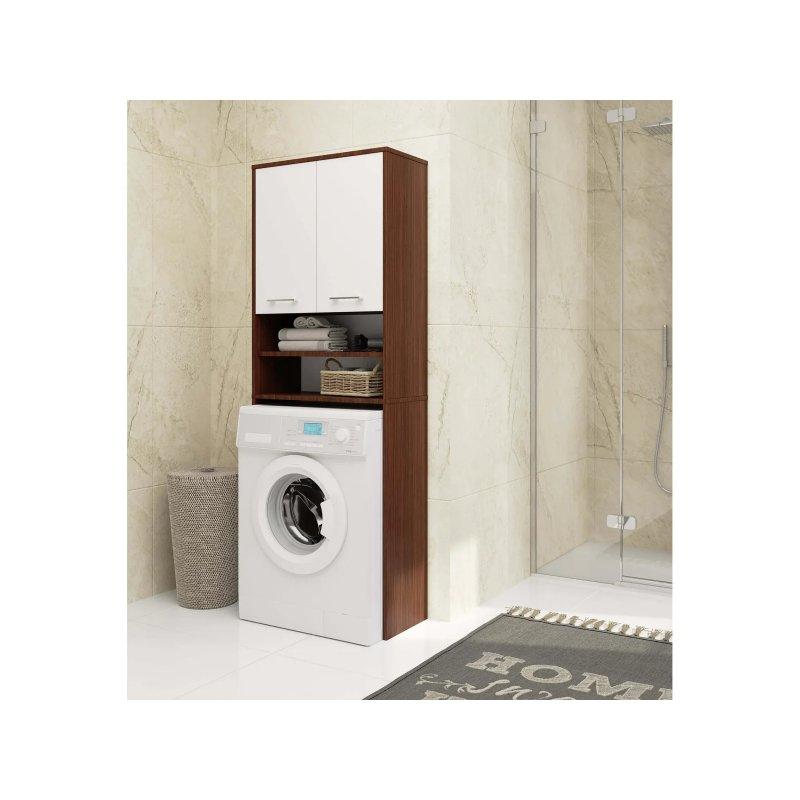 Beyaz Endüstriyel Ahşap 2 Kapaklı Raflı Çamaşır Makinesi Dolabı-64x30x180 cm - 117912