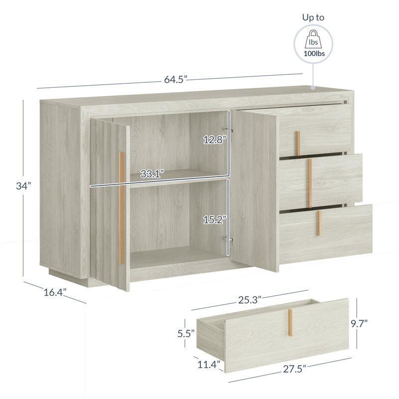 Beyaz Endüstriyel Ahşap 3 Çekmeceli 2 Kapaklı Gold Kulplu Konsol - 164x42x87 cm - 129181