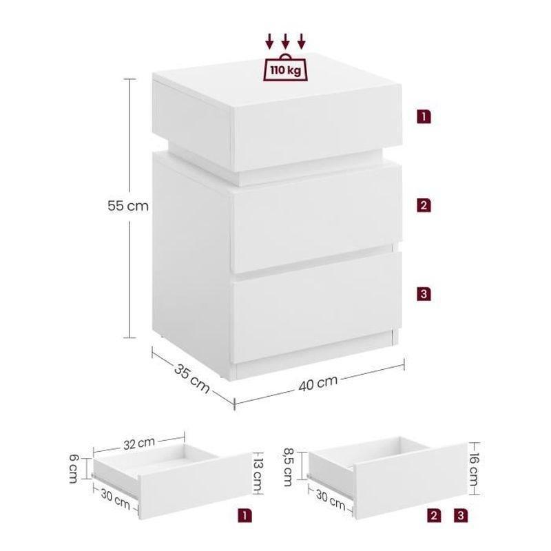 Beyaz Endüstriyel Ahşap 3 Çekmeceli Ayarlanabilir LED Işıklı Komodin - 34x40x55 cm - 127864