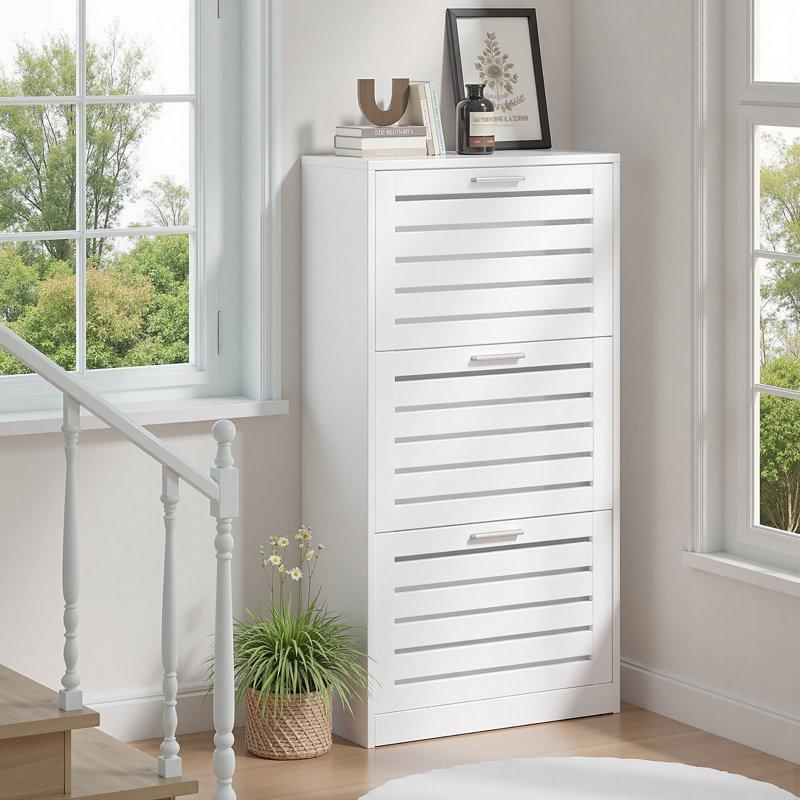 Beyaz Endüstriyel Ahşap 3 Düşer Kapaklı Panjurlu Ayakkabılık - 60x120 cm - 120871