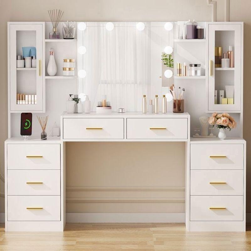 Beyaz Endüstriyel Ahşap 3 Modlu LED Işıklı USB ve Priz Girişli 8 Çekmeceli Makyaj Masası - 150x40x135 cm - 122284