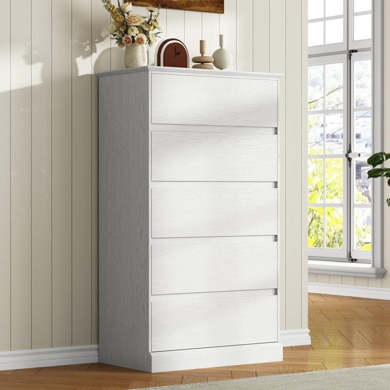 Beyaz Endüstriyel Ahşap 5 Çekmeceli Kulpsuz Modern Şifonyer - 71x41x123 cm - 122989