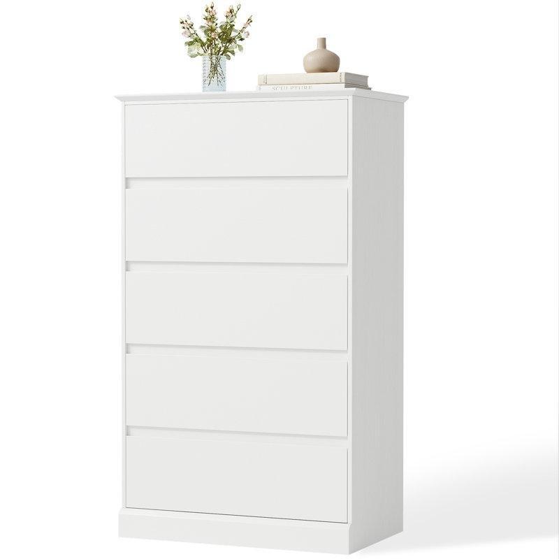 Beyaz Endüstriyel Ahşap 5 Çekmeceli Kulpsuz Modern Şifonyer - 71x41x123 cm - 122989