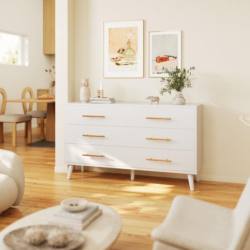 Beyaz Endüstriyel Ahşap 6 Çekmeceli Gold Metal Kulplu Şifonyer - 121x77 cm - 122827