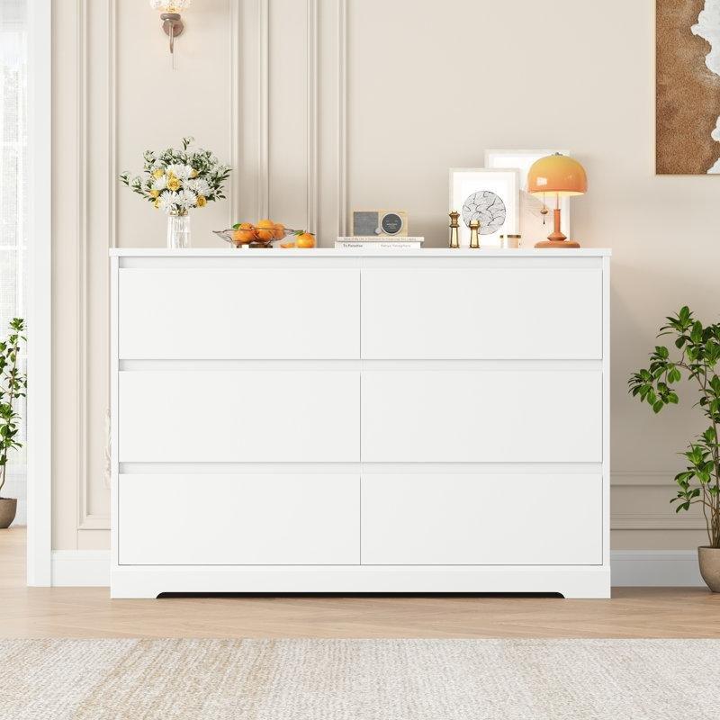 Beyaz Endüstriyel Ahşap 6 Çekmeceli Kulpsuz Tasarım Şifonyer - 120x82x40 cm - 123085