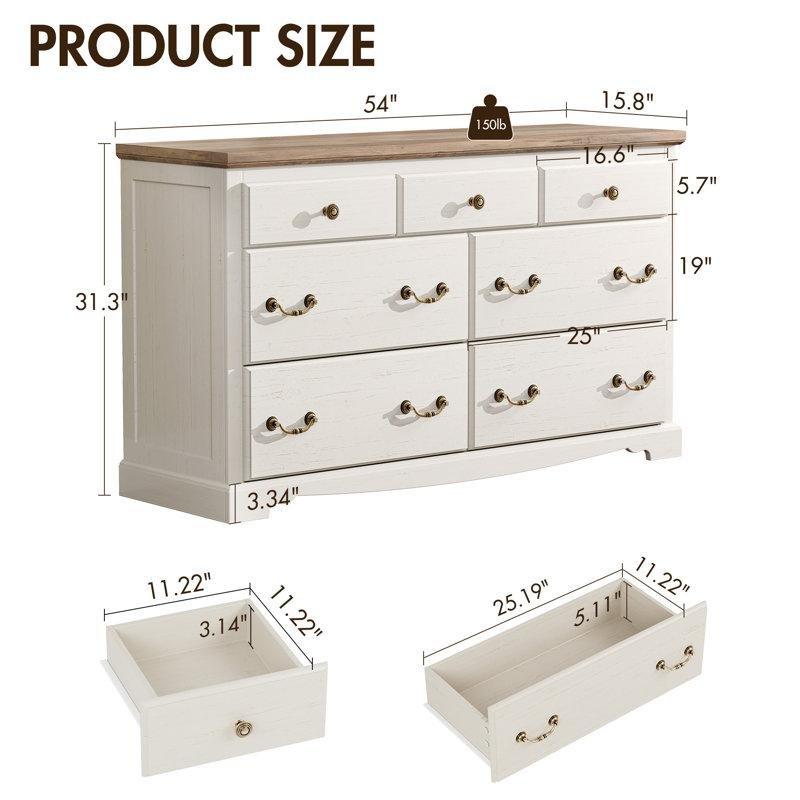 Beyaz Endüstriyel Ahşap 7 Çekmeceli Antik Bronz Kulplu Şifonyer - 138x80 cm - 122905