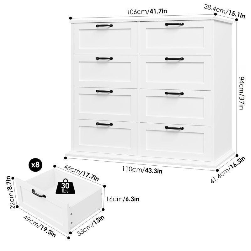 Beyaz Endüstriyel Ahşap 8 Çekmeceli Metal Kulplu Şifonyer - 106x94 cm - 123064