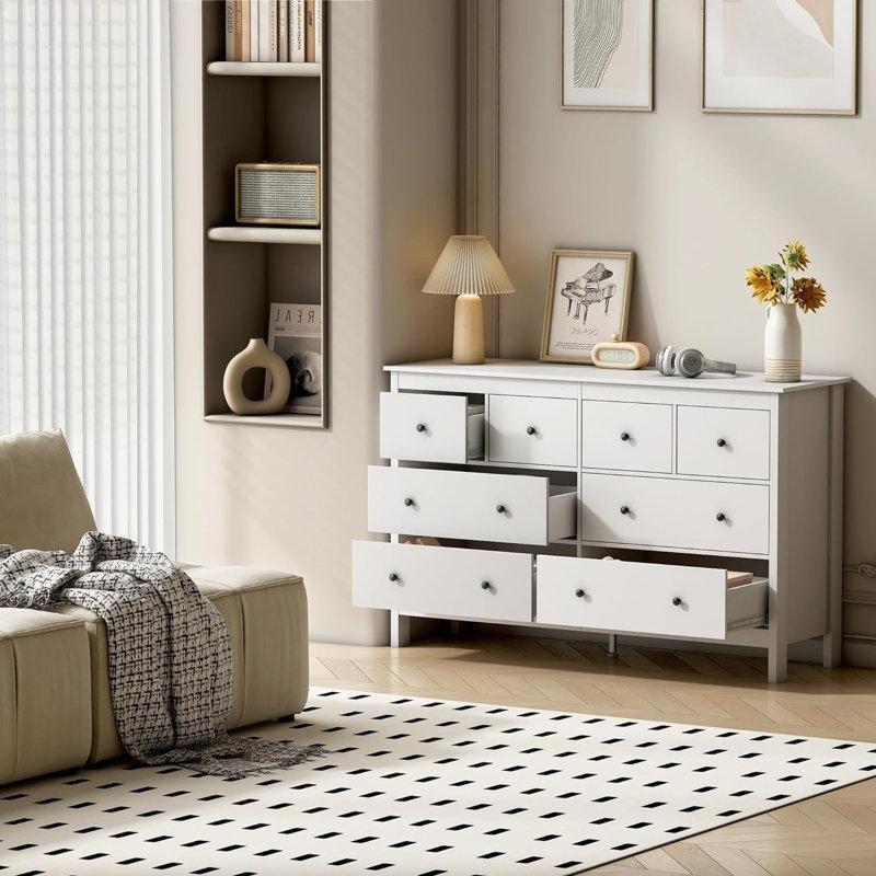 Beyaz Endüstriyel Ahşap 8 Çekmeceli Metal Kulplu Şifonyer - 129x81 cm - 122665