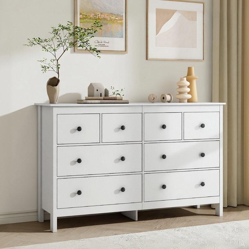 Beyaz Endüstriyel Ahşap 8 Çekmeceli Metal Kulplu Şifonyer - 129x81 cm - 122665