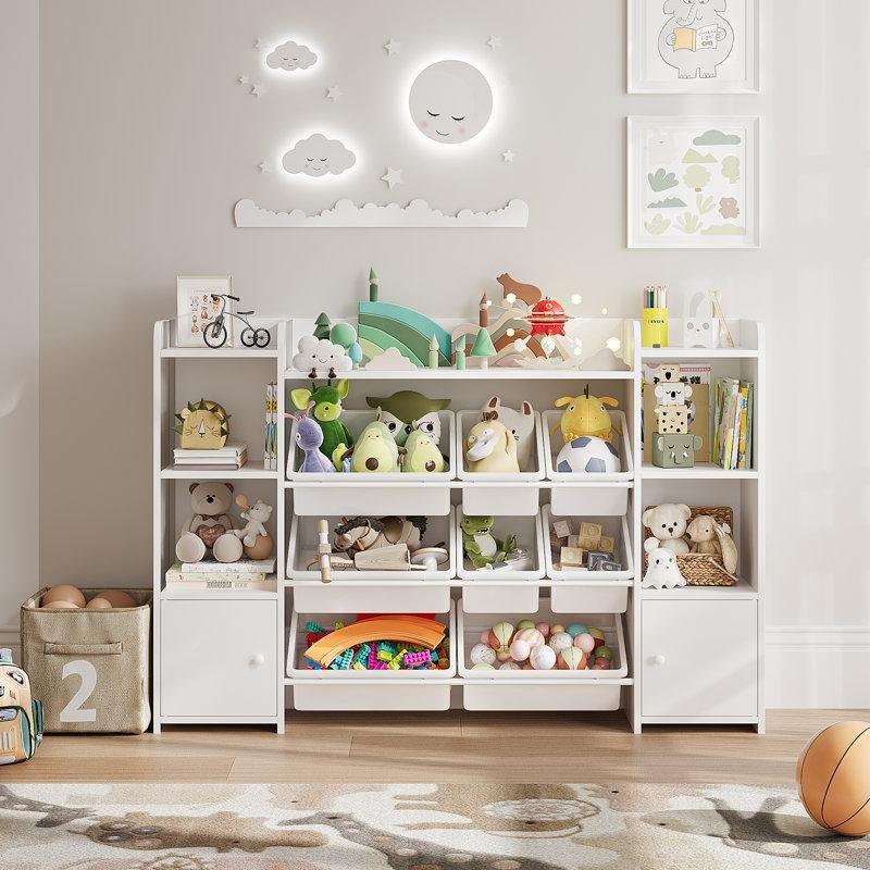 Beyaz Endüstriyel Ahşap 8 Plastik Kutulu ve Dolaplı Oyuncak Düzenleyici Kitaplık - 139x95 cm - 141241