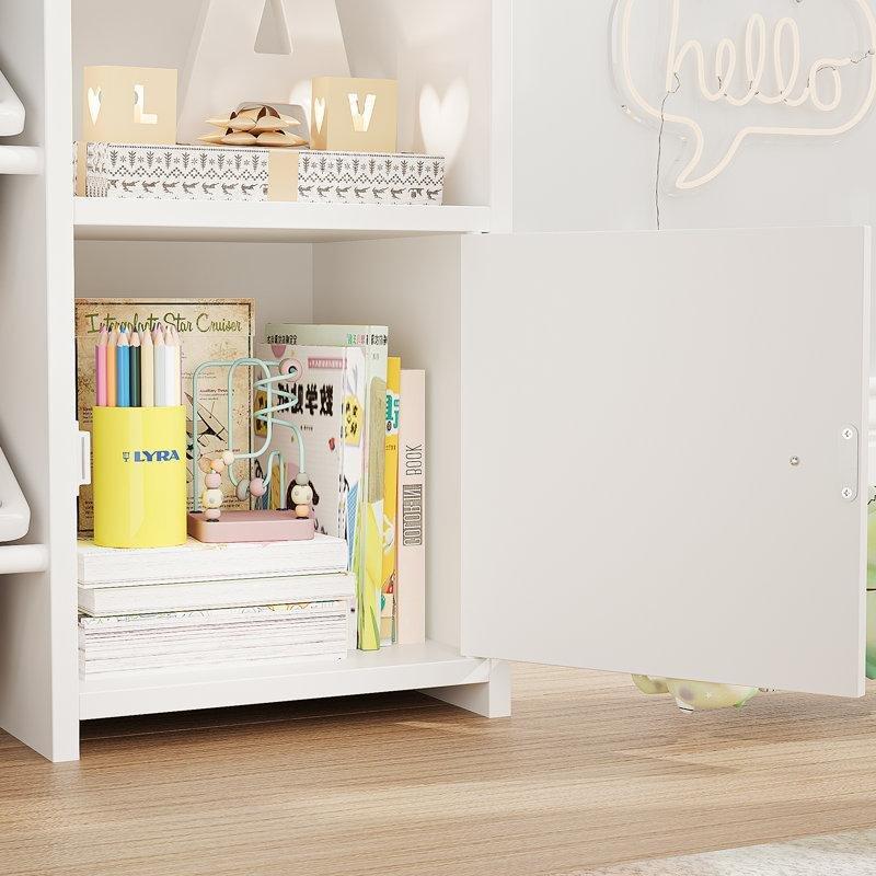 Beyaz Endüstriyel Ahşap 8 Plastik Kutulu ve Dolaplı Oyuncak Düzenleyici Kitaplık - 139x95 cm - 141241