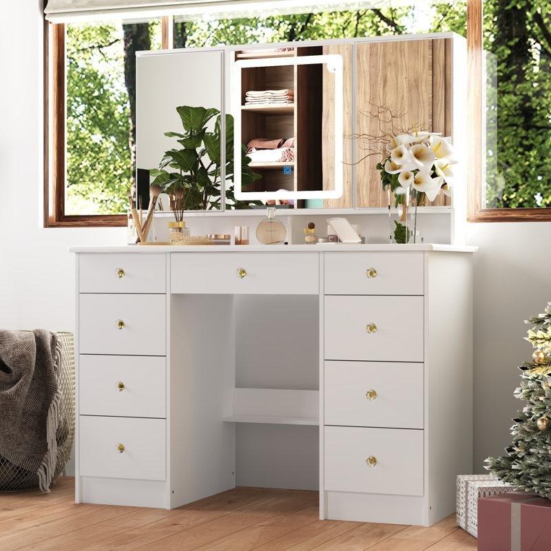Beyaz Endüstriyel Ahşap 9 Çekmeceli Işıklı ve Üç Aynalı Makyaj Masası - 110 cm - 121846