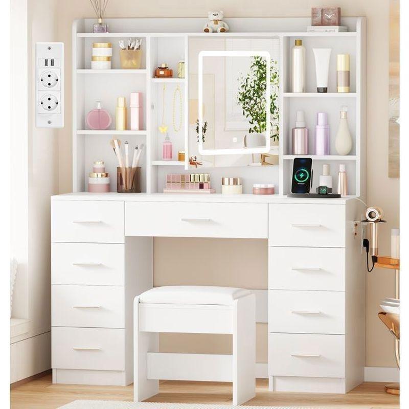 Beyaz Endüstriyel Ahşap 9 Çekmeceli USB ve Priz Girişli Puflu Makyaj Masası - 110x40x145 cm - 122347