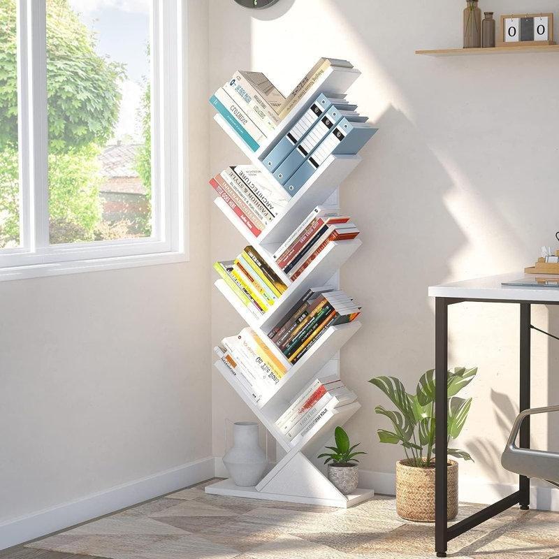 Beyaz Endüstriyel Ahşap 9 Raflı Geometrik Ağaç Tasarımlı Kitaplık - 130x40 cm - 141508