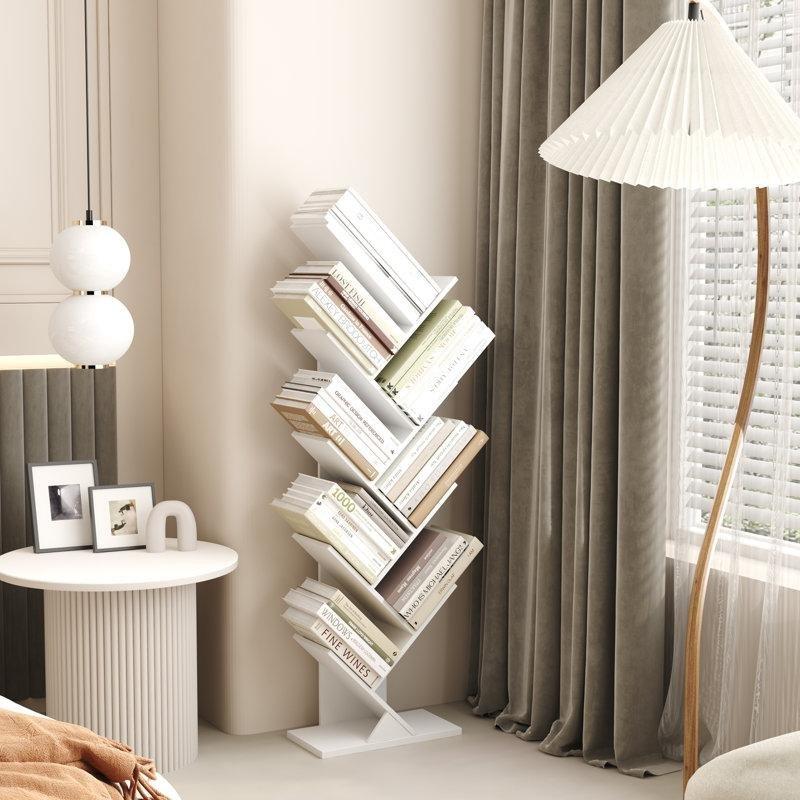 Beyaz Endüstriyel Ahşap 9 Raflı Geometrik Ağaç Tasarımlı Kitaplık - 130x40 cm - 141508