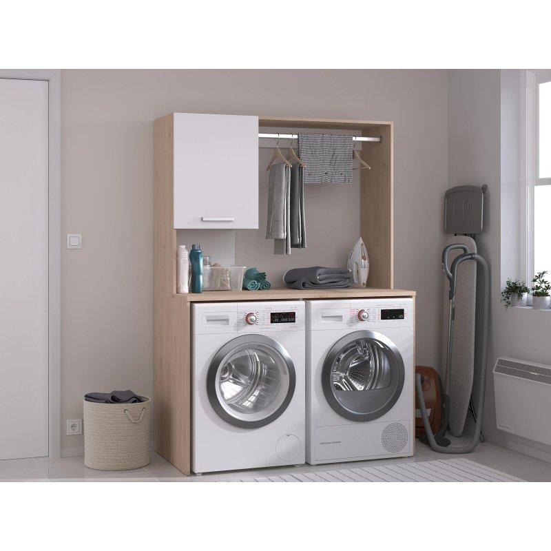 Beyaz Endüstriyel Ahşap Askılıklı Kapaklı Raflı Çamaşır Makinesi Dolabı-129x185x66 cm - 117948