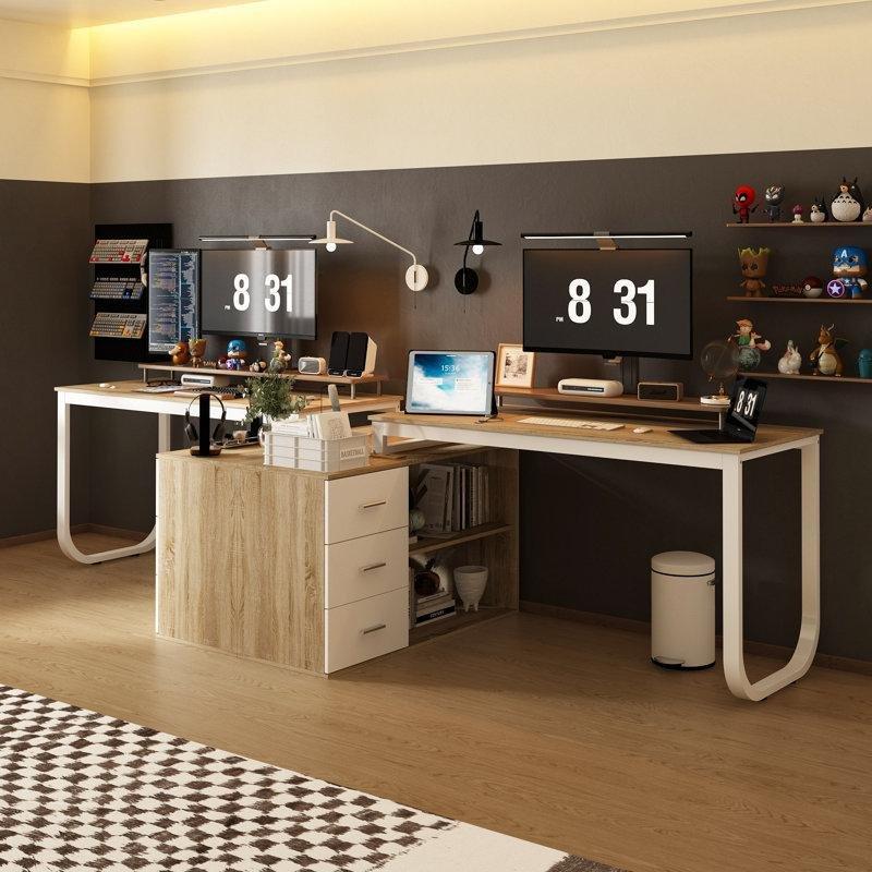 Beyaz Endüstriyel Ahşap Ayarlanabilir Modüler Bilgisayar Masası-75x280x105 cm - 116676