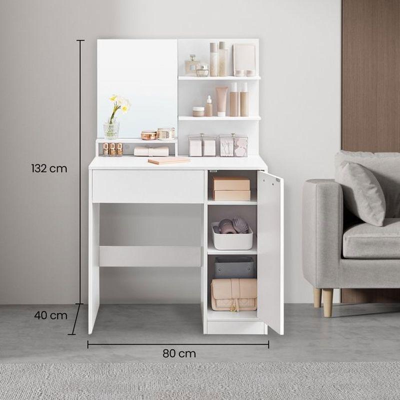 Beyaz Endüstriyel Ahşap Aynalı Çekmeceli ve Dolaplı Makyaj Masası - 80x40x132 cm - 122350