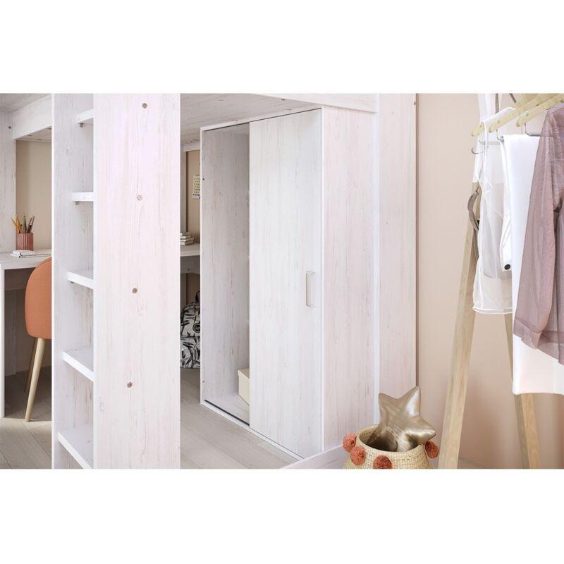 Beyaz Endüstriyel Ahşap Çalışma Masalı ve Dolaplı Ranza - 90x200 cm - 124817