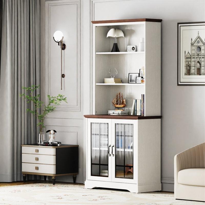 Beyaz Endüstriyel Ahşap Cam Kapaklı Dolaplı Ayarlanabilir Raflı Kitaplık - 183x78x39 cm - 141580