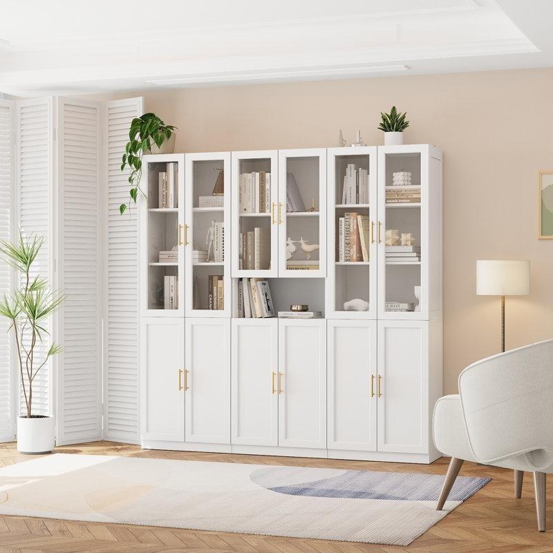 Beyaz Endüstriyel Ahşap Cam Kapaklı ve Ayarlanabilir Raflı Modüler Kitaplık - 180x180x35 cm - 141616