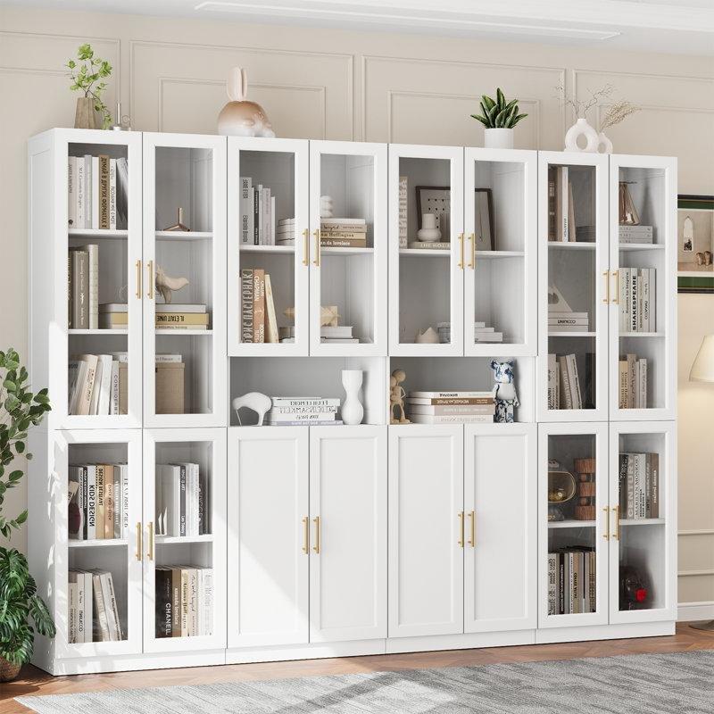 Beyaz Endüstriyel Ahşap Cam Kapaklı ve Ayarlanabilir Raflı Modüler Kitaplık - 240x181 cm - 141598