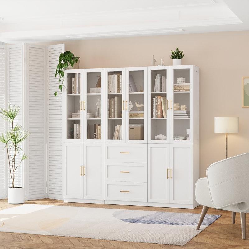 Beyaz Endüstriyel Ahşap Cam Kapaklı ve Çekmeceli Modüler Kitaplık - 180x181 cm - 141604